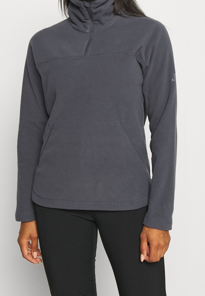 Fleece-pullover i mörkgrått med hög krage, halvmångdragning och två sidofickor. Har långa ärmar och en mjuk textur.