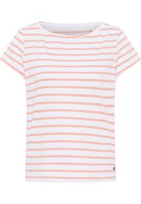 Pruhované tričko s kulatým výstřihem a krátkými rukávy, se střídajícími bílými a světle broskvovými pruhy, vyrobené z jemné bavlny.