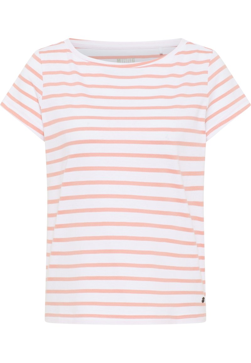 Pruhované tričko s kulatým výstřihem a krátkými rukávy, se střídajícími bílými a světle broskvovými pruhy, vyrobené z jemné bavlny.