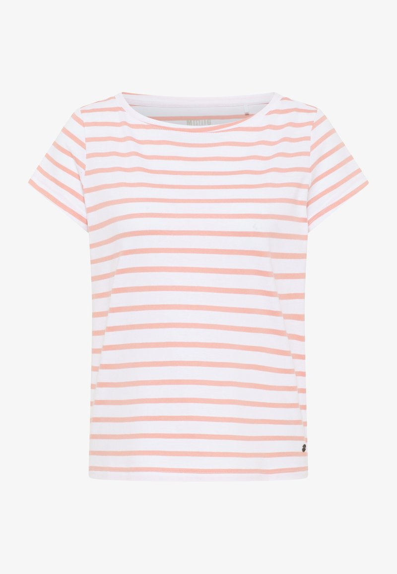 Pruhované tričko s kulatým výstřihem a krátkými rukávy, se střídajícími bílými a světle broskvovými pruhy, vyrobené z jemné bavlny.