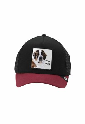 Gorra de camionero negra y roja con un parche que muestra un perro San Bernardo y el texto "TOP DOG" en el panel frontal.