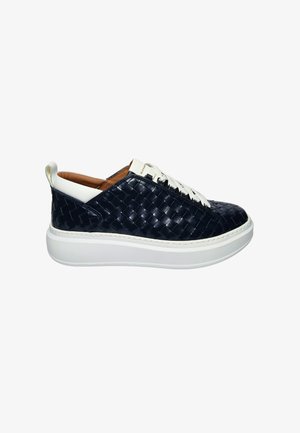 Navy woven leather sneakers with a white rubber sole, featuring lace-up closure and a loop heel tab. Smooth texture and minimalist design.