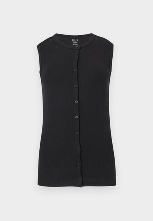 Ärmelloses schwarzes, geripptes Strickoberteil mit rundem Ausschnitt und einer vorderen Reihe schwarzer Knöpfe, entworfen für Frauen von GAP.