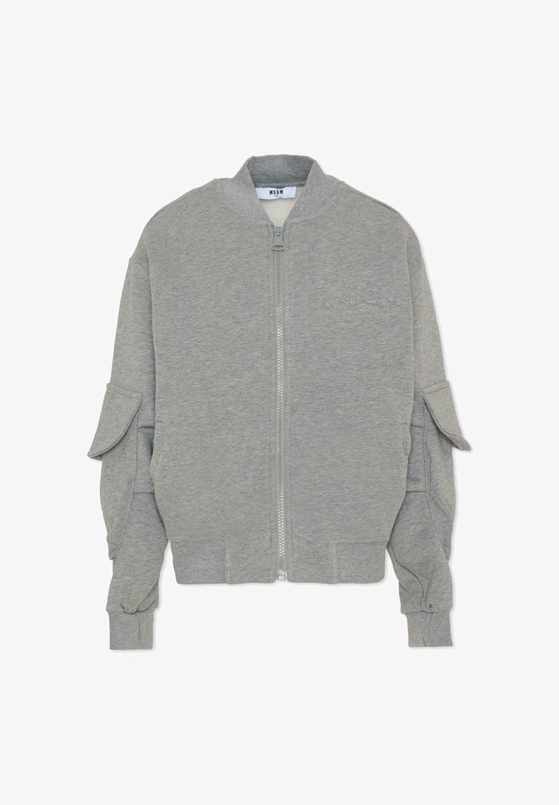 Grijze bomberjack met een ritssluiting aan de voorkant, geribbelde kraag en manchetten, en zijzakken. Gemaakt van een zacht, gestructureerd materiaal met een relaxte pasvorm.