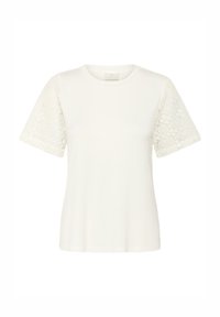White t-shirt with short lace sleeves, round neckline, and a smooth cotton body. Lace features floral patterns on the sleeves.
