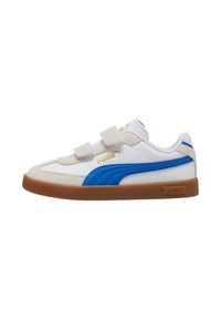 Sneaker bianco con dettagli blu, particolari beige e suola in gomma marrone. Presenta una striscia in velcro e un logo dorato sul lato e sulla linguetta.
