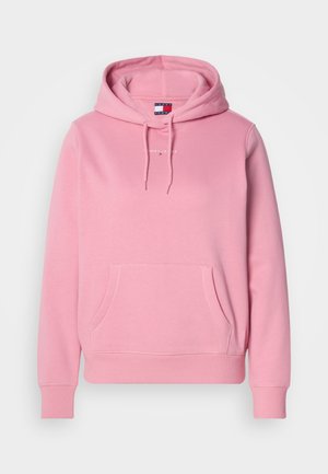 Un sweat à capuche rose en tissu doux, avec une poche avant, une capuche à cordon et un texte logo blanc. Les poignets et l'ourlet sont côtelés.