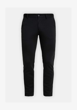 Fekete nadrág, slim fit fazonnal, gombos záródással és oldalsó zsebekkel. Sima, puha anyagból készült, tiszta, minimalista dizájnnal.