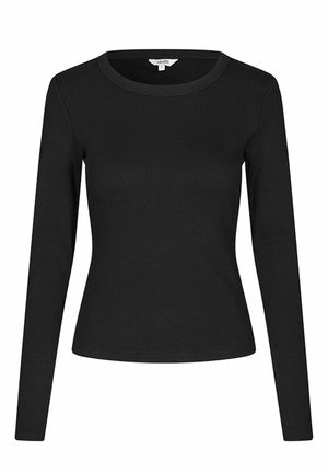 Schwarzes langärmliges Oberteil aus glattem, dehnbarem Stoff mit rundem Hals und taillierter Passform, ohne sichtbare Muster oder Akzente.