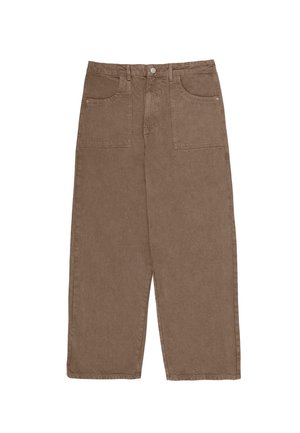 Brown wide-leg pants made of cotton, featuring two front pockets and a button closure. The fabric has a soft texture and matte finish.