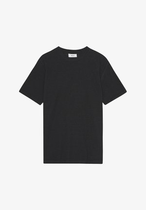 Czarna, krótko rękawowa koszulka wykonana z miękkiej bawełny, z klasycznym okrągłym dekoltem i luźnym krojem. Prosty design bez widocznych wzorów czy akcentów.