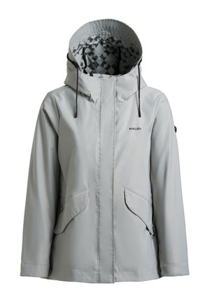 Hellgraue wasserdichte Kapuzenjacke mit schwarzen verstellbaren Kordeln, Fronttaschen mit Klappen und gemustertem innerem Kapuzenfutter.