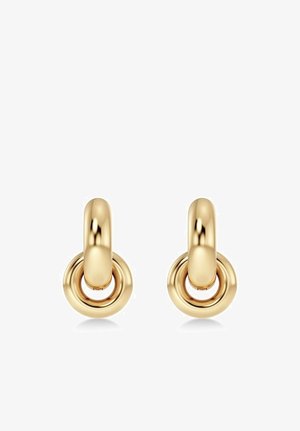 Goldene Creolenohrringe mit einem polierten, abgerundeten Design und einem doppelten Kreiselement an der Basis, das eine glatte Textur und einen schönen Glanz erzeugt.