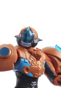Action figure with a brown and blue armored body, transparent blue helmet, and black lower body; features intricate chest detailing and round accents.