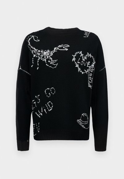 Black knitted sweater featuring white graphic designs, including a scorpion, text, and a hat. Long sleeves with ribbed cuffs and neckline.