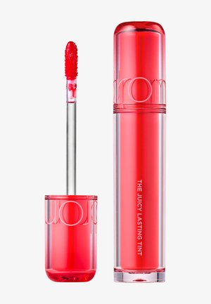 Roter Lippenfarbstift in einer Tube und Applikatorstab mit klarer, glänzender Verpackung, beschriftet mit "The Juicy Lasting Tint."