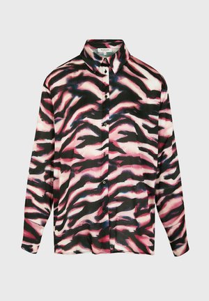 Camicia a maniche lunghe con bottoni, con strisce astratte a zebra nere, rosa e bianche e colletto appuntito.