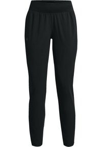 Pantalones deportivos negros con una cinturilla ancha y elástica, piernas ajustadas y una textura suave. Presentan un logo sutil en la pierna izquierda.