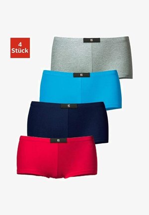 Vier Paar Hipster-Shorts in Grau, Blau, Marineblau und Rot. Hergestellt aus weichem Material mit schwarzen Logo-Gummibünden. Jedes Paar hat ein einfaches Design.