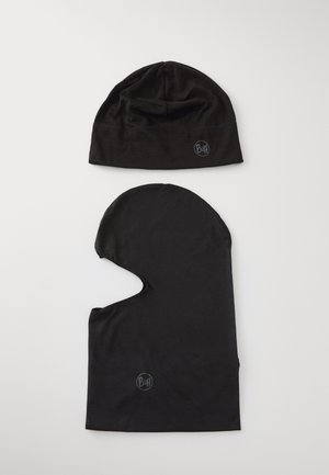 Black beanie and balaclava set made of smooth, stretchy fabric. Beanie features a gathered top; balaclava has an extended face opening.