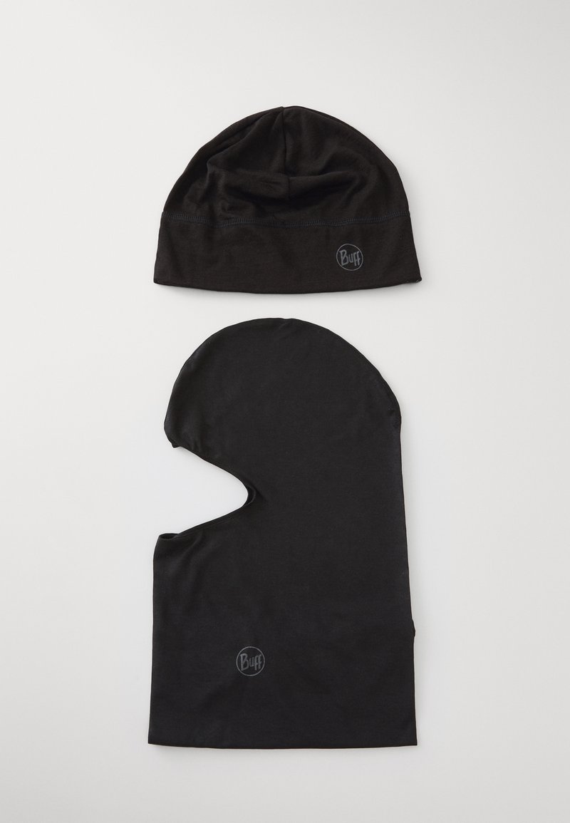 Black beanie and balaclava set made of smooth, stretchy fabric. Beanie features a gathered top; balaclava has an extended face opening.