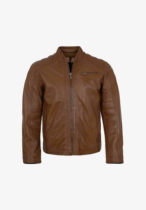 Braune Lederjacke mit hohem Kragen, Frontreißverschluss, Seitentaschen und einer Brusttasche. Mit strukturierten Einsätzen an den Ärmeln.