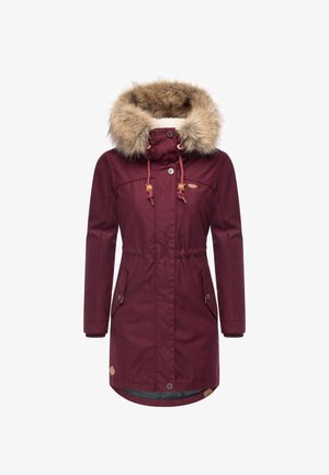 Bordo parka z rjuho iz umetnega krzna na kapuci, z zategovalnim pasom, zapiranjem na pritisne gumbe in dvema žepoma spredaj. Gladek, vodoodbojen material.