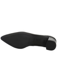 Black high-heeled shoe with a pointed toe and textured rubber sole, featuring a smooth leather upper and a block heel design.