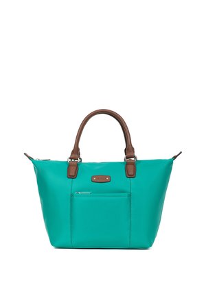 Sac à main bleu sarcelle avec poignées marron, poche avant zippée et petite étiquette en cuir avec logo, présenté sur fond blanc.