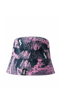 Kapelusz typu bucket z różowo-czarnym wzorem i grafikami inspirowanymi naturą. Wykonany z trwałego materiału, z obszytym rondem i metką.
