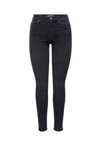 Black skinny jeans made of denim, featuring a mid-rise waist, five-pocket design, and subtle distressed detailing on the front.