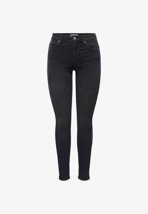 Black skinny jeans made of denim, featuring a mid-rise waist, five-pocket design, and subtle distressed detailing on the front.