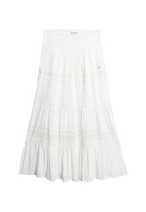 Hvid lagdelt maxinederdel med elastisk taljebånd og blonde detaljer på hvert lag, lavet af let tekstureret stof.