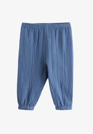 Siniset, teksturoidut kangashousut, joissa on joustava vyötärönauha ja joustavat lahkeensuut, väljä istuvuus ja rento tyyli.