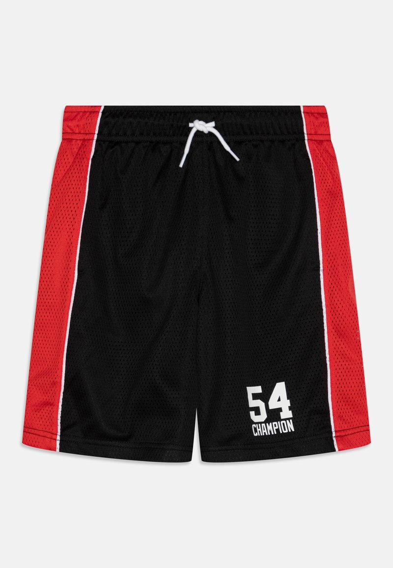 Black mesh athletic shorts with red side panels, featuring white accents and the number "54" in white text near the bottom. Drawstring waistband.