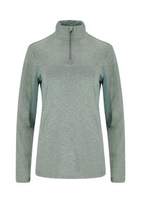 Lys grøn højhalset pullover med lange ærmer, udstyret med teksturerede paneler i siderne og en halvlukning. Fremstillet af fugttransporterende stof.