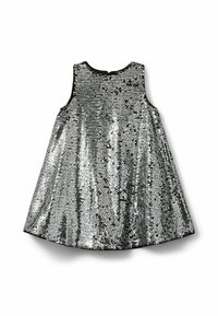 Strieborné šaty s flitrami, bez rukávov, okrúhlym výstrihom a voľným A-ličovým strihom. Čierny lem okolo výstrihu.