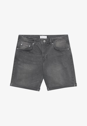 Shorts in denim grigio scuro con un classico design a cinque tasche, orli arrotolati e dettagli in metallo. Texture liscia con sfumature delicate.