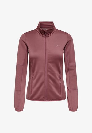 Jasnoróżowa kurtka z zamkiem wykonana z gładkiego, elastycznego materiału. Posiada wysoki kołnierz, dwie boczne kieszenie oraz prążkowane wykończenia na rękawach.