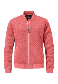 Helle Korallen-Bomberjacke aus strukturiertem Stoff, mit gerippten Bündchen und Saum, vorderem Reißverschluss und zwei Seitentaschen. Glatte Innenauskleidung.