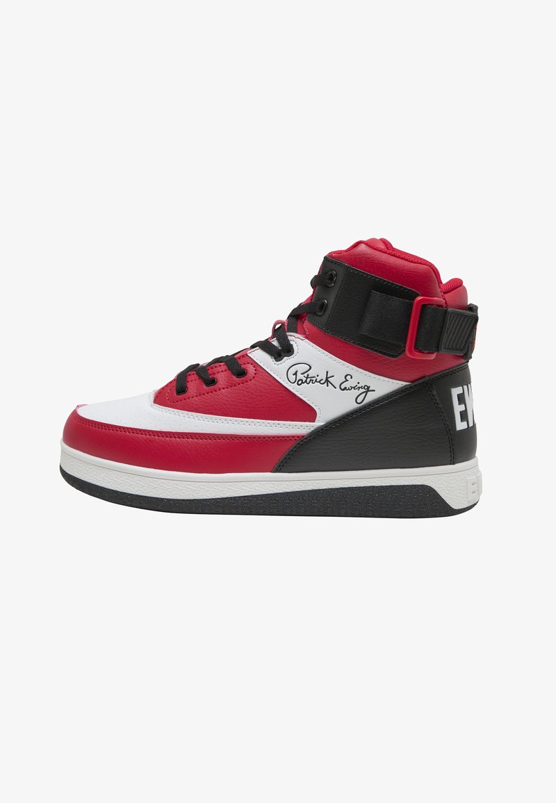 High-top sneaker in red, white, and black with black laces, ankle strap, and "Patrick Ewing" signature on the side panel.