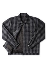 Veste à carreaux gris et noir en tissu texturé, dotée d'une fermeture éclair sur le devant, de deux poches poitrine, de poignets boutonnés et d'une doublure à motifs.