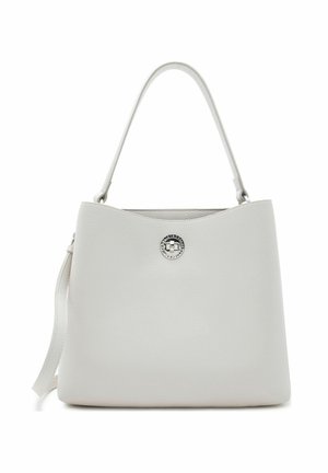Borsa a tracolla in pelle bianca con un unico manico superiore e una chiusura a torsione circolare argento al centro davanti.