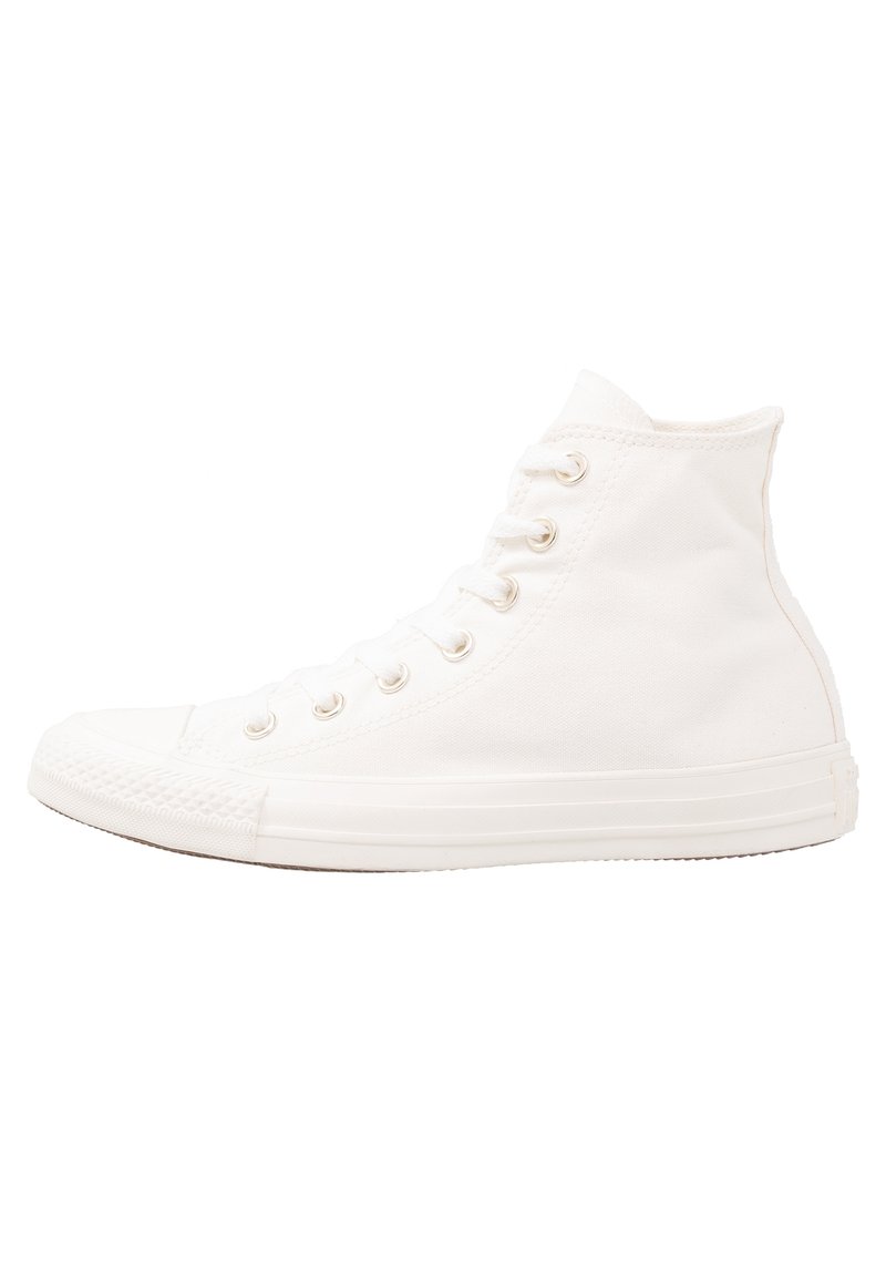 Zapatillas altas de lona en blanco, con ojales de metal, cordones, puntera de goma y paneles laterales texturizados. Suela plana de goma.