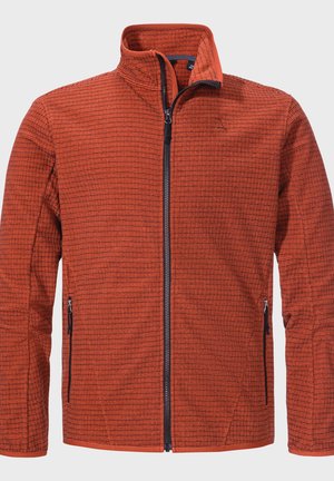 Red textured jacket with a high collar, full front zipper, and two side zip pockets; features contrasting black zipper and stitching.