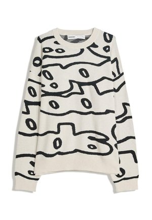 Cremefarvet sweater med stort sort abstrakt design. Har rund halsudskæring, lange ærmer og ribkant ved ærmerne og i bunden. Blød strikket tekstur.