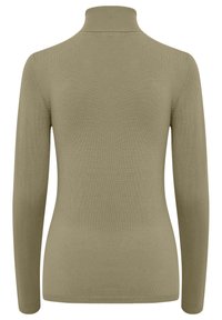 Top de cuello alto de canalé en verde oliva, con mangas largas y forma ajustada, que presenta un cuello alto y una textura suave.