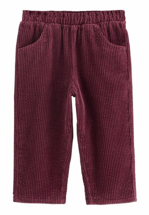 Pantaloni in corduroy bordeaux con vita elastica, due tasche laterali, texture a righe verticali e taglio dritto.