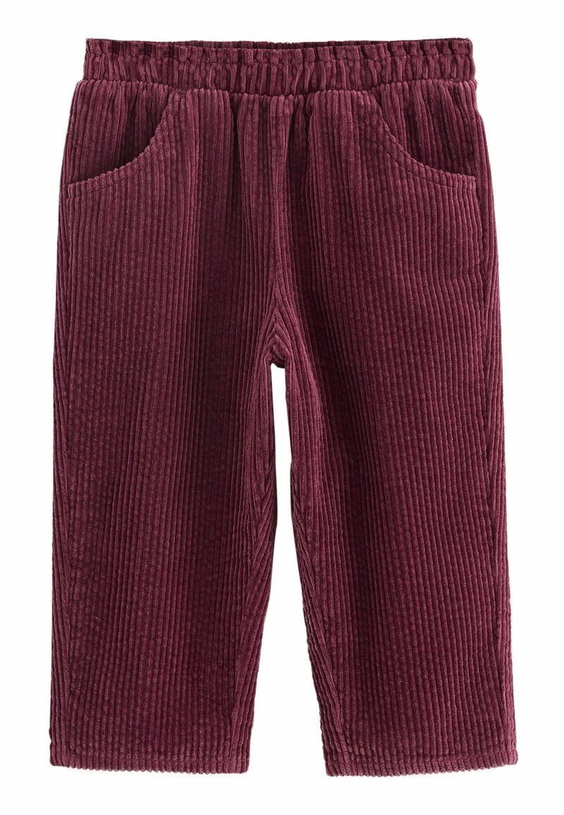 Pantalon en velours côtelé bordeaux avec une taille élastique, deux poches latérales, texture côtelée verticale et coupe droite.