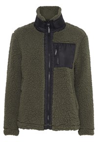 Olijfgroene fleecejack met een zwarte nylon voorkant, hoge kraag, ritssluiting en gestructureerde stof. Heeft een borstzak met een rits.